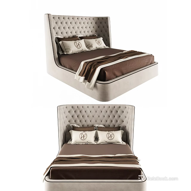 Luxury Double Bed With Tufted Headboard Brown Bedding And Decorative Pillows 3d model