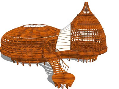 Unique Wooden Circular Guesthouse Architecture With Conical Roof And Staircase Platform 3d model