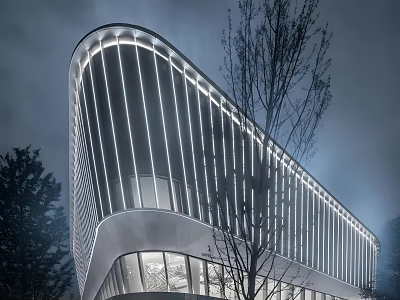 Modern Sales Office Building Exterior With Curved Glass Facade And Night Lighting 3d model