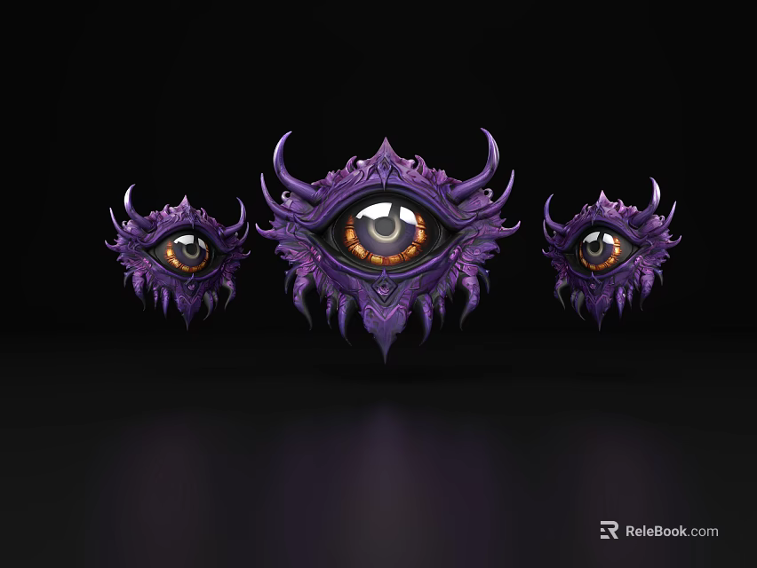 Three Purple Fantasy Style Eyes With Spiked Decorations Central Larger And Two Smaller 3d model 