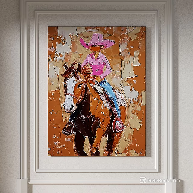 Abstract Painting Of Cowboy In Pink Hat Riding Horse With Orange Brown Tones 3d model 