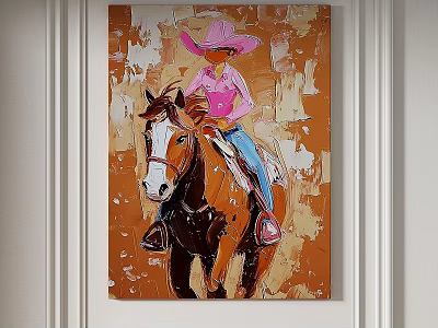 Abstract Painting Of Cowboy In Pink Hat Riding Horse With Orange Brown Tones 3d model