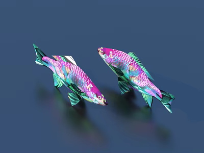 Two Colorful Aquatic Fish Swimming With Vibrant Pink Green Purple Scales In Blue Water 3d model