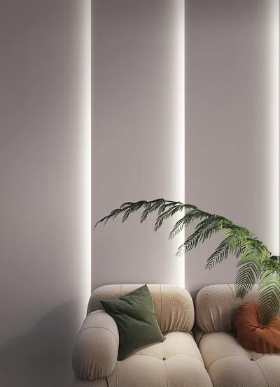 Modern Sofa and Coffee Table Set With Palm Plant In Minimalist Living Room Interior 3d model