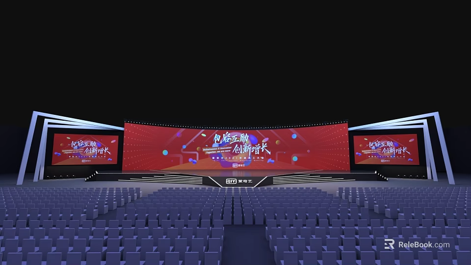 Large Event Stage Setup With Red Background Screen And Blue Seats Arrangement 3d model
