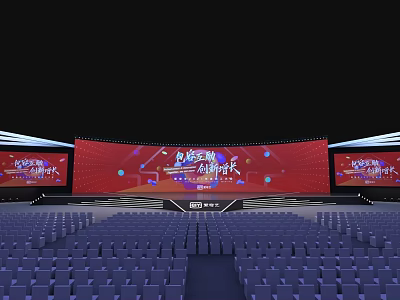 Large Event Stage Setup With Red Background Screen And Blue Seats Arrangement 3d model