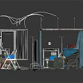Medical Treatment Room Interior With Blue Metal Frame Red Blue Chairs Tools On Brick Floor