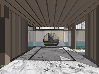 Garden Landscape Design With Marble Pathway Wooden Ceiling And Circular Stone Feature 3d model