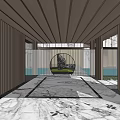 Garden Landscape Design With Marble Pathway Wooden Ceiling And Circular Stone Feature