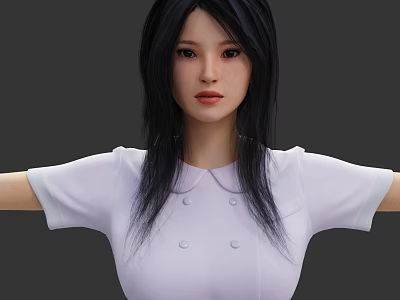 Woman With Long Black Hair Wearing White Collared Short Sleeved Top With Button Details 3d model