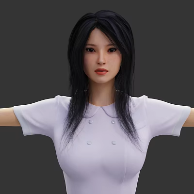 Woman With Long Black Hair Wearing White Collared Short Sleeved Top With Button Details 3d model