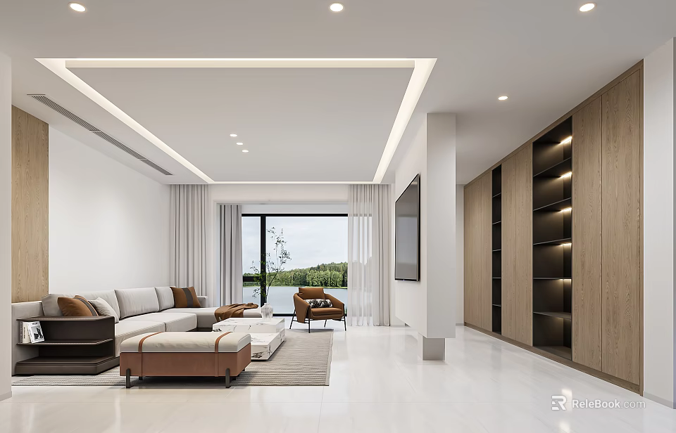 Modern Living Room Interior Design With White Walls Wooden Cabinets And Floor To Ceiling Windows 3d model 