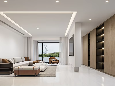 Modern Living Room Interior Design With White Walls Wooden Cabinets And Floor To Ceiling Windows 3d model