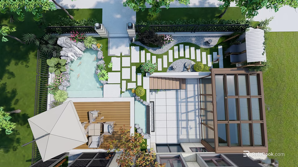 Beautiful Courtyard Garden Design With Pond Stone Pathway And Wooden Deck 3d model 