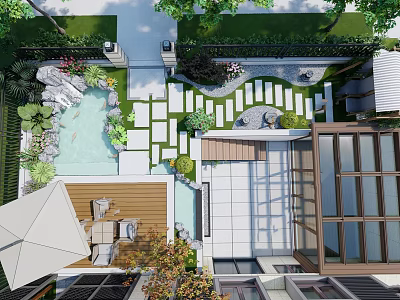 Beautiful Courtyard Garden Design With Pond Stone Pathway And Wooden Deck 3d model