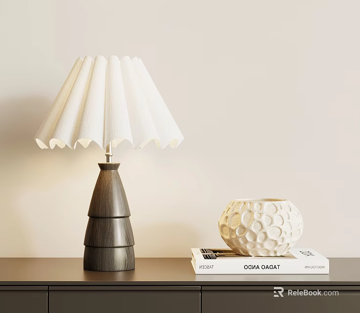 Stylish Table Lamp With Wooden Cone Base Pleated White Lampshade And Decorative Vase On Books 3d model 