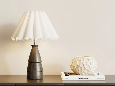 Stylish Table Lamp With Wooden Cone Base Pleated White Lampshade And Decorative Vase On Books 3d model