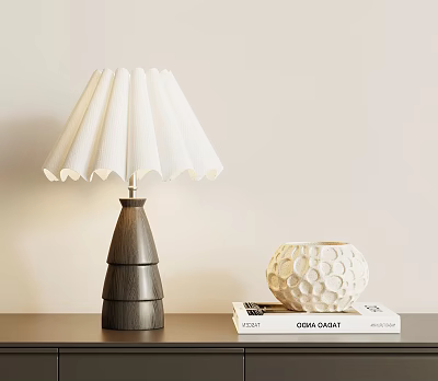 Stylish Table Lamp With Wooden Cone Base Pleated White Lampshade And Decorative Vase On Books 3d model