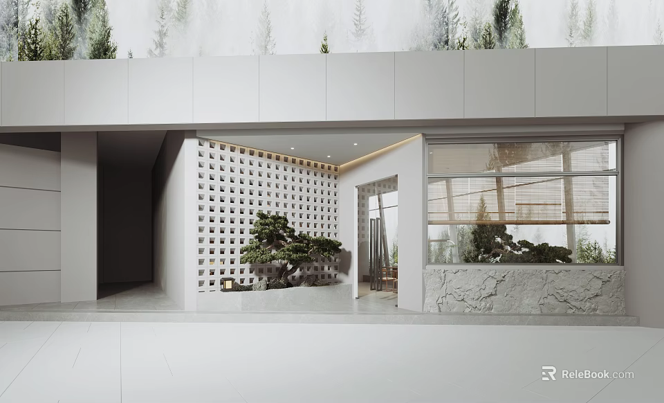 Modern Storefront With White Exterior Lattice Wall Glass Windows Potted Trees And Stone Accent 3d model 