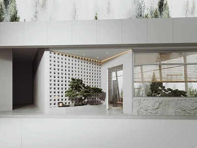 Modern Storefront With White Exterior Lattice Wall Glass Windows Potted Trees And Stone Accent 3d model