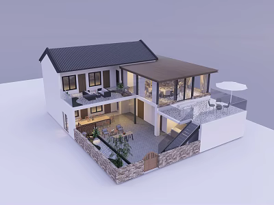 Modern Chinese style Villa Exterior Design With Courtyard Terrace And Swimming Pool 3d model