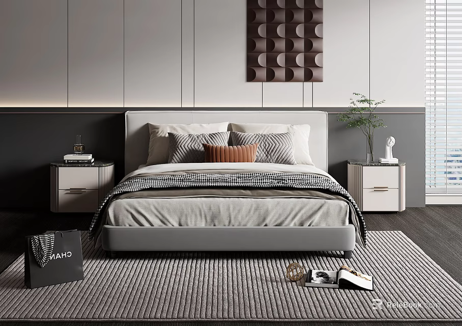 Modern Double Bed With Upholstered Headboard Pillows Nightstands And Wall Decor 3d model 