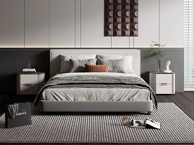 Modern Double Bed With Upholstered Headboard Pillows Nightstands And Wall Decor 3d model