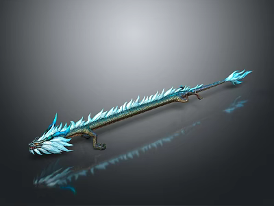 Frost Dragon Themed Long Staff Weapon With Icy Blue Crystal Details 3d model