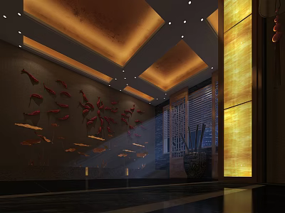 Chinese Style Clubhouse Interior With Red Fish Decorative Wall Warm Yellow Lighting And Ceiling Design 3d model
