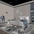 Bright Children's Bedroom With Cloud Wall Art White Cabinets Star Rug And Desk Chair