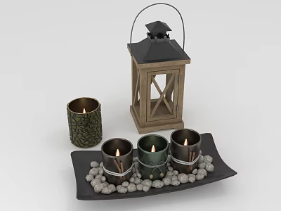 Wooden Lantern And Scented Candles On Black Tray With Decorative Beads 3d model