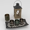 Wooden Lantern And Scented Candles On Black Tray With Decorative Beads