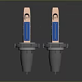 Two Industrial Metal Mechanical Components With Cylindrical Blue And Orange Sections