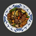 Stir Fried Bacon Mushrooms Tofu And Bell Peppers On Blue And White Patterned Plate