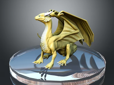 Yellow Dragon Game Movie Character Figurine With Detailed Wings On Transparent Base 3d model