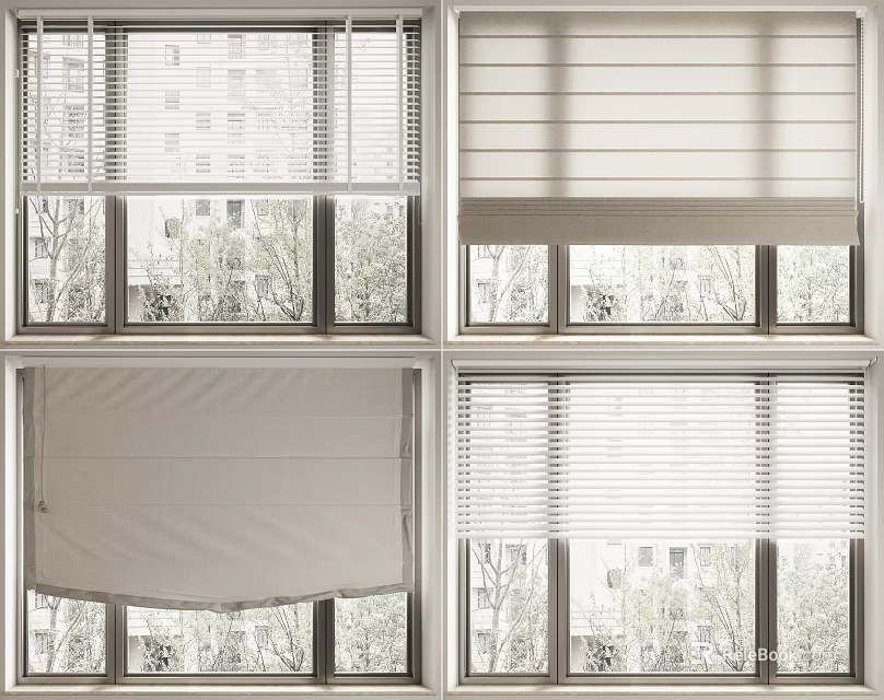 Various Window Blinds Styles for Home Windows with Natural Light and Scenery 3d model 