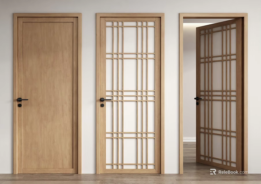 Wooden Swing Doors With Lattice Design Frames Open To Interior Space 3d model