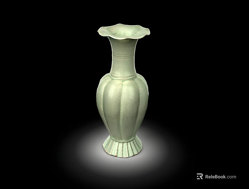 Handcrafted Ceramic Vase With Green Glaze Petal Shaped Mouth Melon Body And Textured Base 3d model 