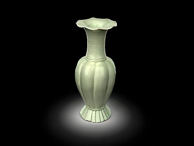 Handcrafted Ceramic Vase With Green Glaze Petal Shaped Mouth Melon Body And Textured Base 3d model