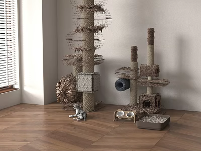 Multi Level Indoor Cat Tree With Scratching Posts Platforms Litter Box And Food Bowls 3d model