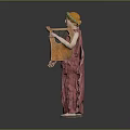 Classical Female 3D Model Statue In Red Robe With Green Turban Holding Amphora