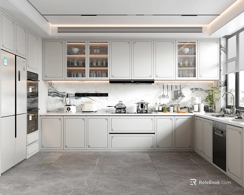 Modern Kitchen Interior With White Cabinets Marble Countertop Island And Built in Appliances 3d model 