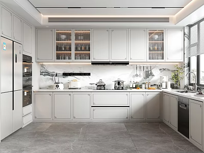 Modern Kitchen Interior With White Cabinets Marble Countertop Island And Built in Appliances 3d model
