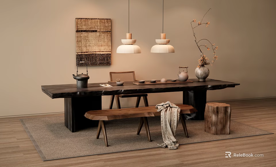 Natural Style Wooden Tea Table and Chairs with Hanging Lamps Decorative Painting and Vase 3d model 