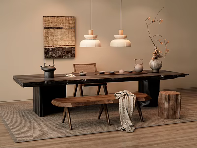 Natural Style Wooden Tea Table and Chairs with Hanging Lamps Decorative Painting and Vase 3d model