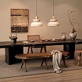 Natural Style Wooden Tea Table and Chairs with Hanging Lamps Decorative Painting and Vase