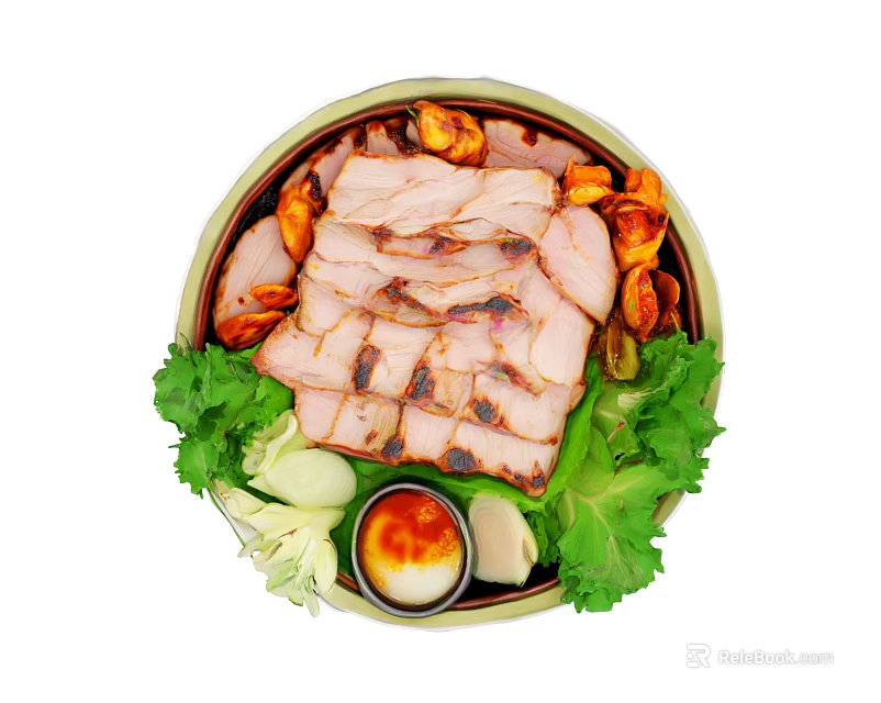 Delicious Grilled Pork Slices Served With Fresh Vegetables And Sauce On Platter 3d model 