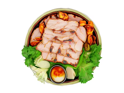 Delicious Grilled Pork Slices Served With Fresh Vegetables And Sauce On Platter 3d model