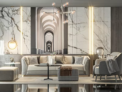 Elegant Modern Living Room Sofa Coffee Table Set With Marble Wall And Chandelier 3d model