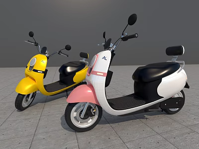 Two Stylish Yellow And Pink White Scooters Parked On Gray Pavement 3d model